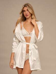 Enchnt Bata elegante de mujer con bordado de letras y manga 3/4, para invierno - Blanco - Ver 7