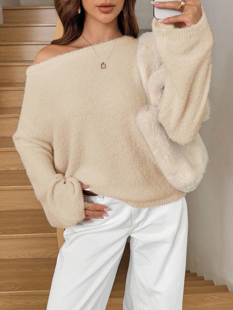 Easowa Áo len dài tay dáng rộng, bất đối xứng vai dành cho nữ, hoàn hảo cho ngày Valentine hoặc kỳ nghỉ biển. - Màu be - Xem 1