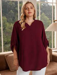 Blusa de 3/4 de manga en color borgoña para mujer talla grande, ideal para principios de primavera y verano, para vacaciones - Rojo violeta - Ver 4
