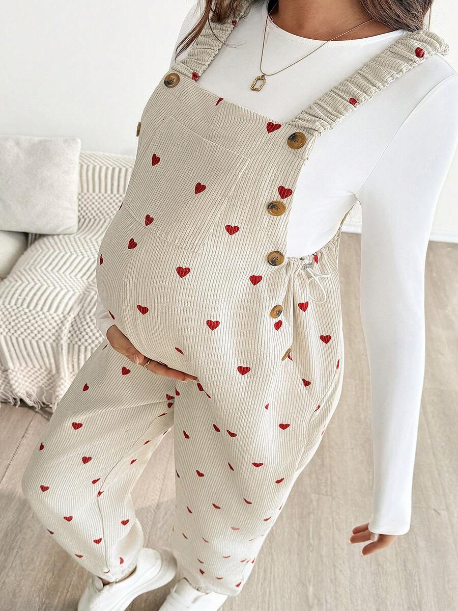 SHEIN Pregnant Women's Casual Heart Print Bib Jumpsuit Pregnant Outfits Maternity Jumpsuits For Woman Pregnancy Clothes Maternity Clothes Pants Pregnancy Pants  Winter - Multicolor - View 1