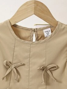 SHEIN 2件套年轻女孩时尚甜美蝴蝶结装饰上衣+阔腿裤套装，春秋 - 卡其色 - 查看 8