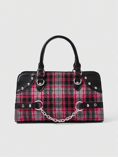 Grunge Punk Women's Plaid Fashion Square Large Capacity Handbag