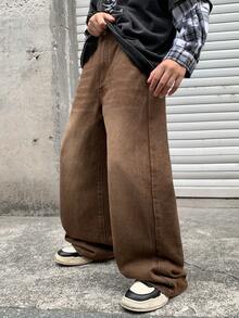 SHEIN Little Byeori 青少年男孩时尚休闲 Y2K 复古酷炫街头无弹力棕色牛仔宽松舒适阔腿牛仔裤，适合儿童日常穿着、秋冬季派对和街头服饰。