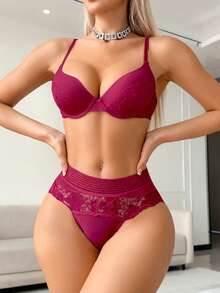 2件套蕾丝拼接女士钢圈文胸套装 - 酒紅色 - 查看 3