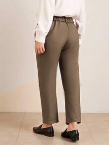 Airaco 大码女式休闲/办公室人字纹印花口袋九分裤，不含腰带 - 卡其色 - 查看 4