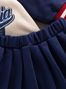 SHEIN Baby Girl Casual Color Block Letter Print Jacket And Pleated Skirt Set, Autumn/Spring - Navy Blue - View 5