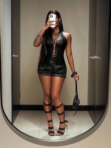 Slaydiva 2025 秋冬新款街头休闲性感辣妹 Y2K 红棕色 PU 露背前中心吊带上衣 + 高腰迷你美拉德短裤女两件套，适合派对、狂欢装、万圣节服装、夜间外出、俱乐部服装女性性感、女性早午餐装、街头时尚、日常外出、返校、圣诞服装-B - 黑色 - 查看 7