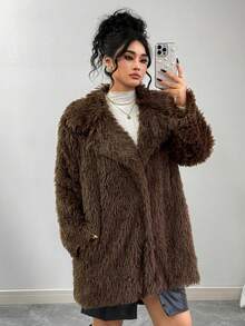 SHEIN Plus Size Women Faux Fur Coat - Coffee Brown - View 5