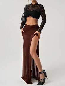 SHEIN ICON 女式高开叉黑色网眼褶饰腰性感度假金属装饰半身裙