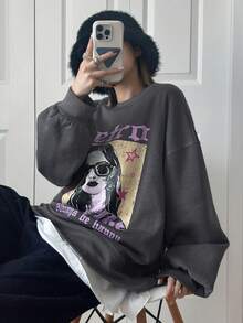 FRIFUL 女士纯色圆领落肩长袖宽松字母印花休闲抓绒卫衣，秋冬款 - 灰色 - 查看 6