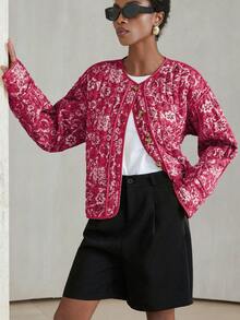 Aveloria Modichic Áo khoác phao tay dài in họa tiết hoa ngẫu nhiên thời trang đa năng rộng rãi thoải mái Áo khoác phao có đệm mùa đông phong cách phương Tây cổ điển tiệc tùng ngày lễ - Màu Hồng Tươi - Xem 4