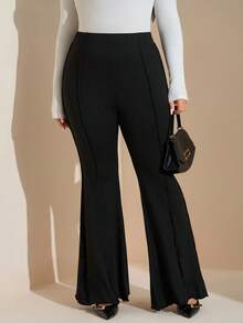 SHEIN Tall CURVE 加大码女款生菜边弹力喇叭裤 - 黑色 - 查看 5