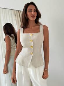 Aloruh Women's Khaki Square Neck Cinched Waist Metal Buckle Camisole, Spring/Summer - Khaki - View 1