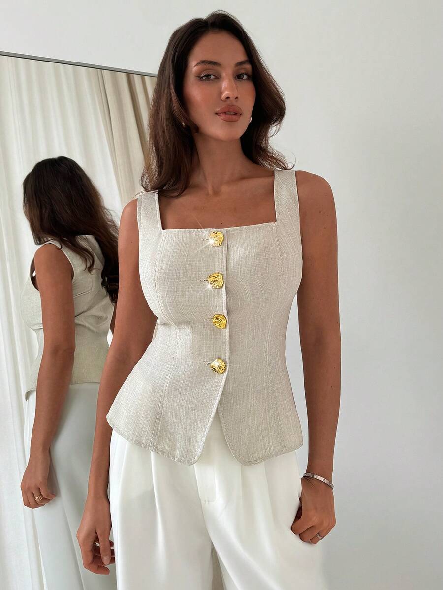 Aloruh Women's Khaki Square Neck Cinched Waist Metal Buckle Camisole, Spring/Summer - Khaki - View 1