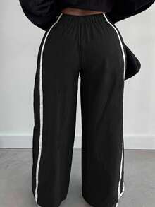 Alexandranx Women's Loose Fit Drawstring Waist Contrast Color Sports Harem Pants - Black - View 2
