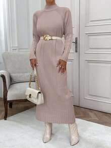 EURMUSE Women High Neck Drop Shoulder Cool Cozy Long Maxi Sweater Dress - Rusty Rose - View 6