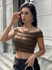 Zielony 时尚性感露肩短款女式上衣 - 棕色 - 查看 6