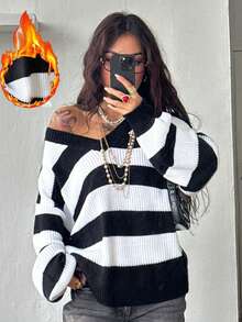 Coolane Women's Fall/Winter Streetwear Going Out Vintage Basic Warm Striped Graphics V-Neck Loose Black And White Chunky Sweater - Black and White - View 3