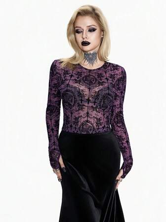 Breakform ملابس علوية نسائية بأسلوب جوتيك داكن، من شبكة مخملية بياقة دائرية وأكمام طويلة ضيقة، مناسبة للخروجات اليومية والمناسبات