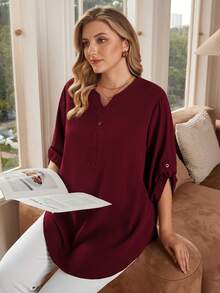Blusa de 3/4 de manga en color borgoña para mujer talla grande, ideal para principios de primavera y verano, para vacaciones - Rojo violeta - Ver 5