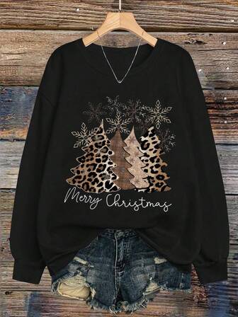 Linhara Women's Leopard & Christmas Tree Print Sweatshirt - Long Sleeve Round Neck Pullover With Golden Glitter Accent, All-Season Casual Sweatshirt (Machine Washable) For Holiday Parties, Xmas Outfits & Casual Attire