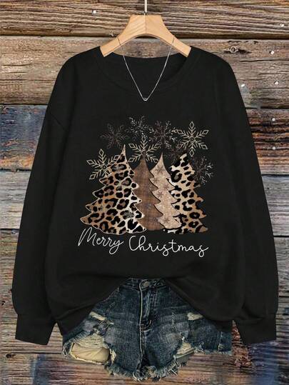 EMERY ROSE Women's Leopard & Christmas Tree Print Sweatshirt - Long Sleeve Round Neck Pullover With Golden Glitter Accent, All-Season Casual Sweatshirt (Machine Washable) For Holiday Parties, Xmas Outfits & Casual Attire