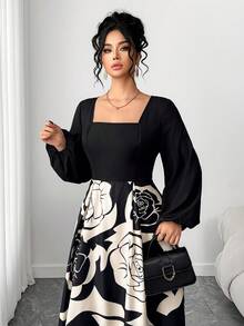 Elenzga Đầm dài tay cổ vuông in hoa cỡ lớn thanh lịch - Nhiều màu - Xem 5