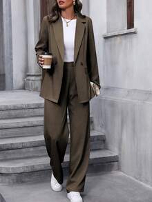 EMERY ROSE Women's Solid Color Blazer And Pants Suit, Formal Commuter Outfit Women Suit Women Suits Blazer Set For Women Business Casual Woman Two Pieces Outfits - Chocolate Brown - View 4