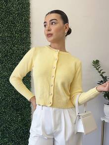 Andrea Bello Women Crew Neck Long Sleeve Single-Breasted Minimalist Elegant Cardigan, Autumn & Winter,Long Sleeve Tops Fall Cloth For Women