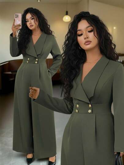 SHEIN Elenzya Plus Size Women Elegant Lapel Long Sleeve Double-Breasted Jumpsuit