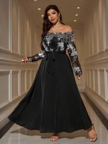 Gownix Plus Size Elegant Party Sequin Patchwork Off-Shoulder Dress/Christmas Dress - Silver - View 3