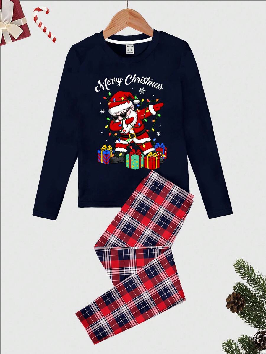 青少年男孩休闲简约时尚温暖舒适经典圣诞节、圣诞树图案、圣诞节图案舒适家居服 - 彩色 - 查看 1