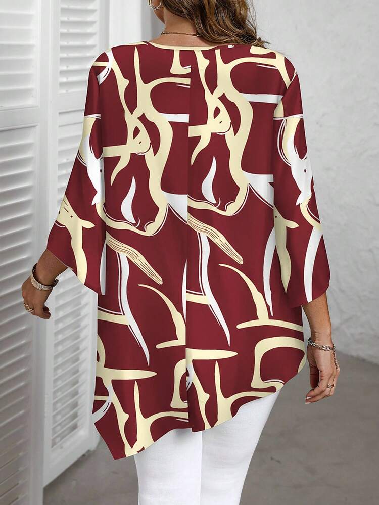 Plus Size Asymmetric Hem Allover Print Shirt, New Year Clothes