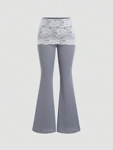 SHEIN Unity Quần lót giữ nhiệt lưng thấp phối ren chắp vá cho nữ, Thu/Đông - Xám - Xem 3