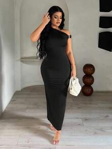 SHEIN SXY 女士不对称领口棕色优雅连衣裙 - 黑色 - 查看 3
