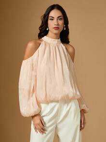 Briarwyn Women's Solid Color Off-Shoulder Lantern Sleeve Pleated Loose Fashion Blouse - Apricot - View 6