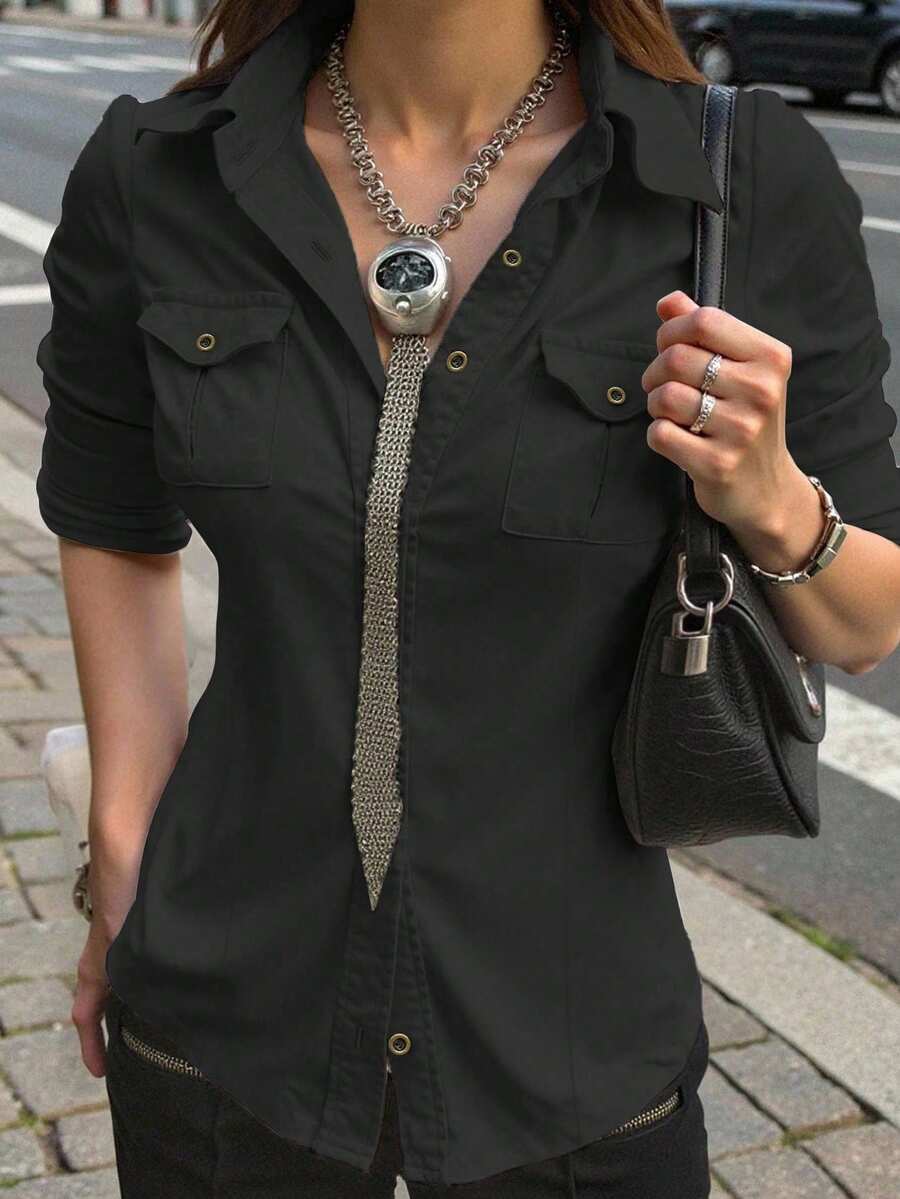 INAWLY 女式卡其色长袖收腰实用衬衫，户外休闲通勤，秋季 - 黑色 - 查看 1