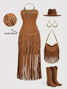 SHEIN MOD Women's Fashionable Brown Suede Fringe Tube Dress,Country - Brown - View 1