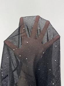 SHEIN PETITE 娇小女装时尚休闲亮片圆领长袖紧身性感网纱上衣 - 黑色 - 查看 7