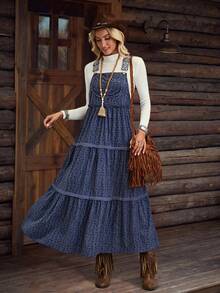 女式卡其色灯芯绒印花宽松可调节长款西部休闲吊带连衣裙，LanaWest - 灰藍色 - 查看 1