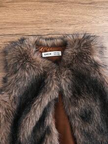 SHEIN Young Girl Furry Open Front Fuzzy Coat Sleeveless Vest - Brown - View 3