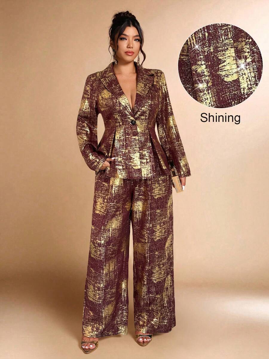 Cravure Plus Size Women's Metallic Foil Elegant Suit Set, Suitable For Party And Office, Autumn/Winter - Burgundy - View 1