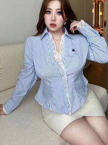 Flirla Early Spring Casual Striped Embroidered Horse Lace Ruffle Waist Women Shirt