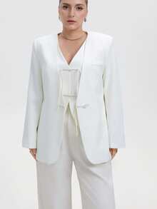 Aveloria Modichic 2pcs Women's Chinese Style Exquisite Button Vest & Long Sleeve Collarless Blazer Set - Beige - View 3