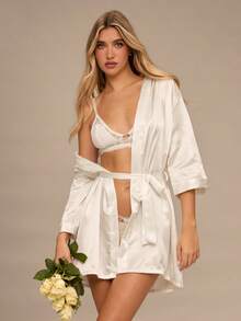 Enchnt Bata elegante de mujer con bordado de letras y manga 3/4, para invierno - Blanco - Ver 2