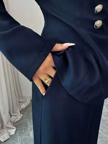 Elenzga 女士海军蓝V领双排扣金属装饰纽扣收腰长袖上衣搭配宽松直筒裤套装，优雅职业装，适合职场、教师、独立日、圣诞节、感恩节、秋季等场合。 - 藏蓝色 - 查看 6