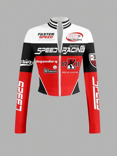 Slaydiva 简约休闲女式秋冬弹力半领拉链夹克，V领/紧身长袖/女士秋季/Y2K/街头风/外出/F1赛车图案/摩托车图案/长袖半领拉链夹克