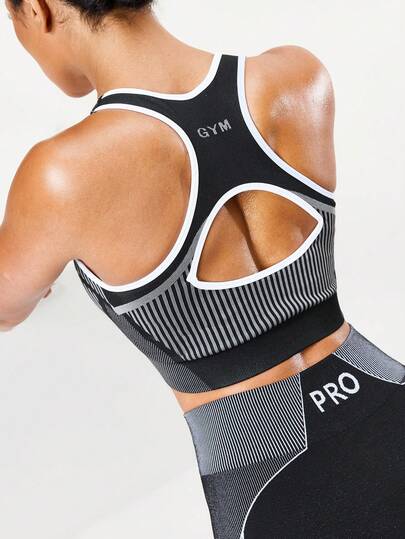 Seamluxe SHEIN Sport Women's Contrast Trim Sleeveless Hollow Out Fashionable Versatile Slim Fit Sports Yoga Bra Seamless Sports Bra Black And White Sports Bra