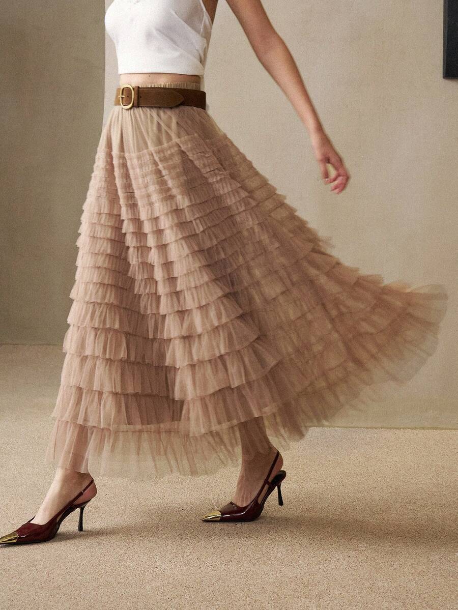 SHEIN LUNE Falda de fiesta elegante de mujer con cintura alta, malla multicapa tipo pastel, color óxido polvoriento otoñal, silueta A con pliegues intensos, elegante para uso diario y desplazamientos - Caqui - Ver 1