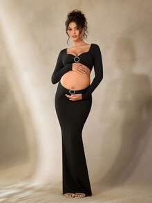 Cheriluna Maternity 2pcs Maternity Sexy Fashion Sweetheart Neck Cropped Top And Fish Tail Skirt Set, Photoshoot Outfit - Black - View 3
